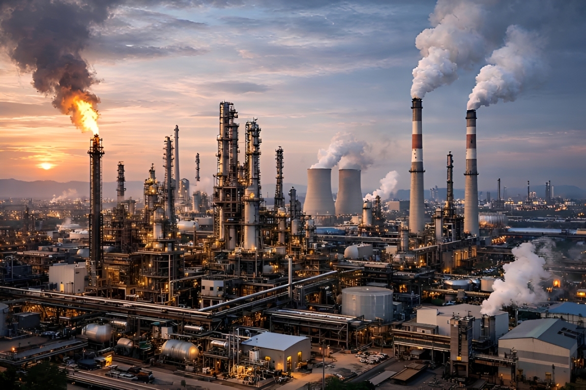 Linha de produção industrial com painéis de controle e sensores automatizados